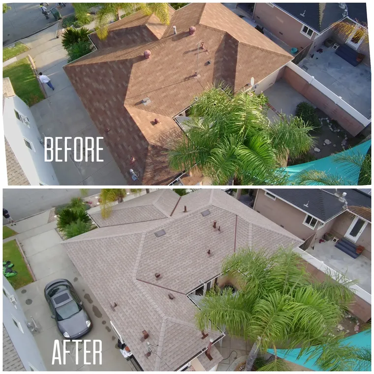 Before-and-after aerial comparison of faded brown shingles and a completed new roof