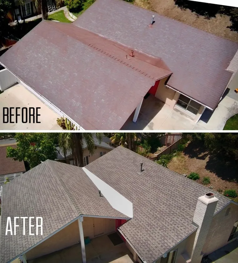 Before-and-after aerial comparison of faded red shingles and a new tan roof