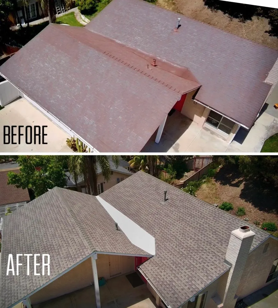 Before-and-after aerial views of faded red shingles replaced with a new tan architectural-shingle roof