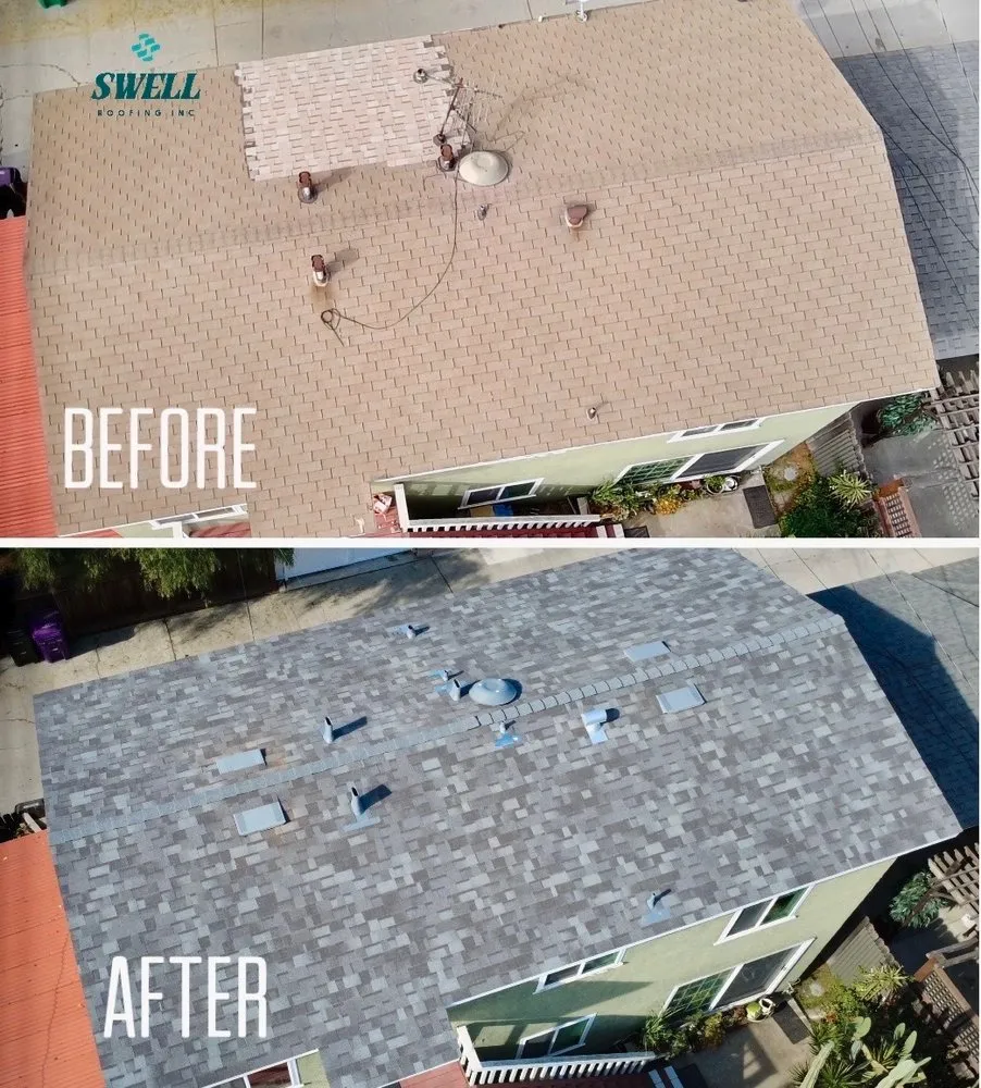 Before and after aerial of a faded tan shingle roof replaced with new grey architectural shingles