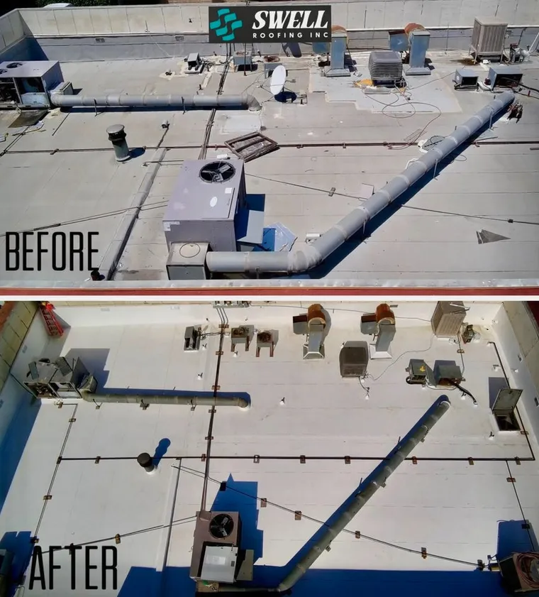 Before-and-after comparison of a commercial flat roof with large duct runs