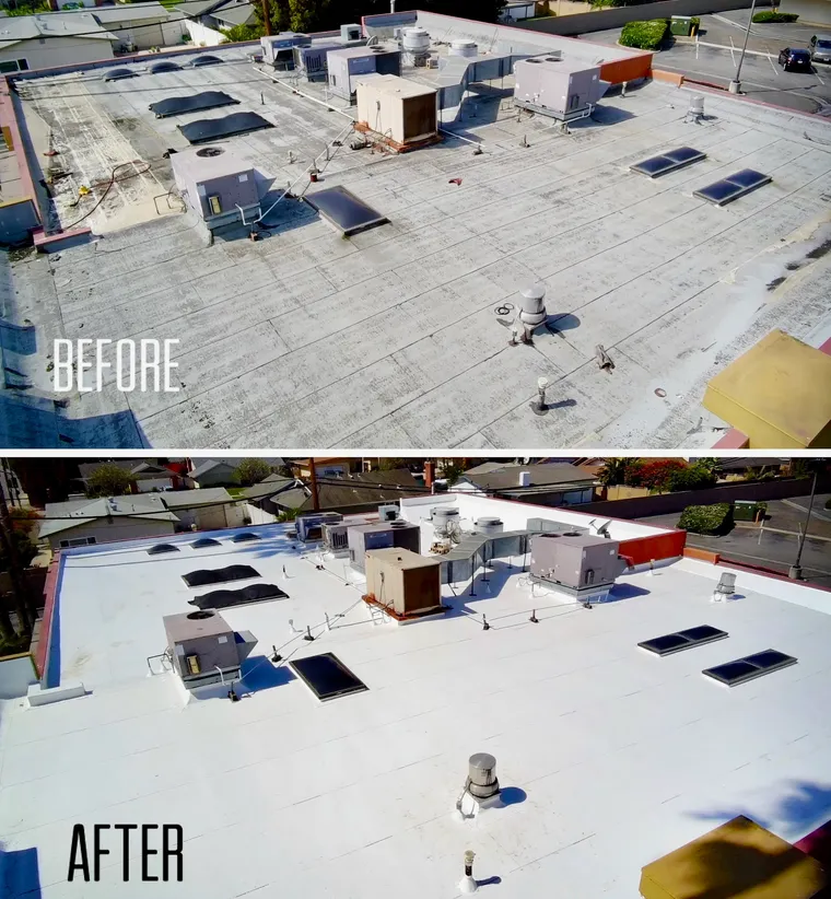 Before-and-after aerial comparison of a weathered commercial roof and bright white restored coating