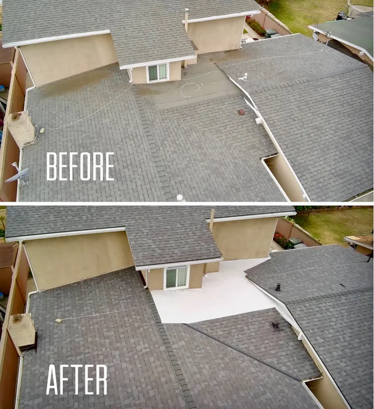 Before-and-after aerial comparison of a worn roof and its new gray shingles