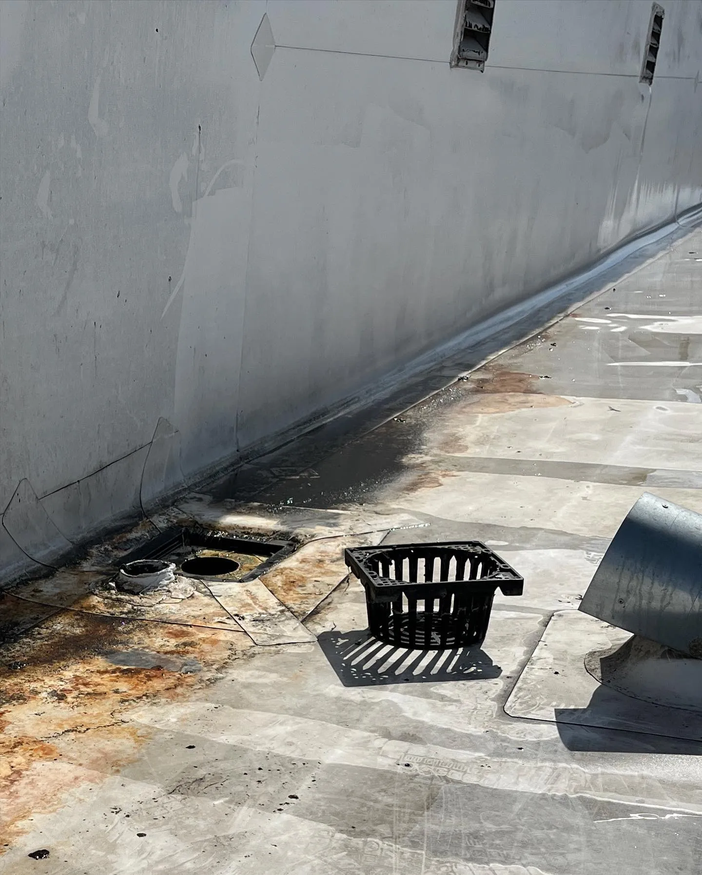 Clogged commercial roof drain surrounded by rust and debris