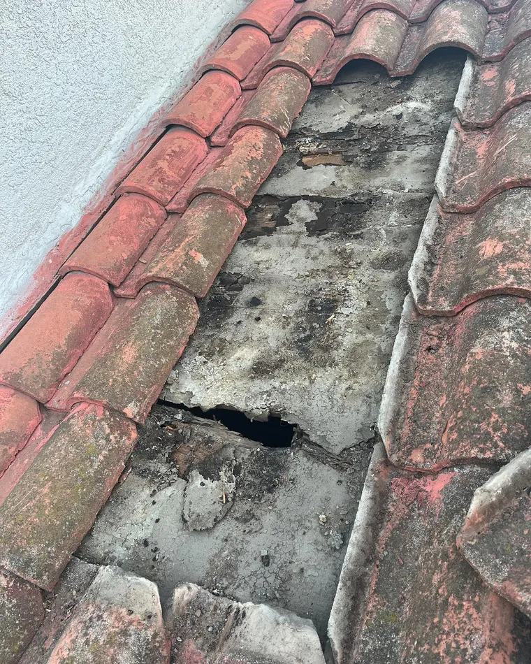 Close view of damaged tile roofing and deteriorated underlayment
